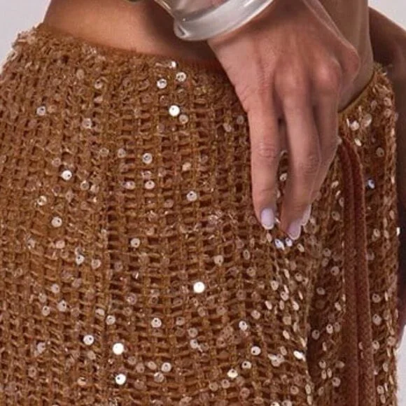 Rust Brown Women's ResortDrawstring Waist Sequin Relaxed Wide Leg pants